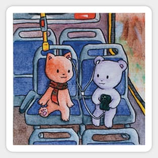 kitten and teddy bear listening to music in the bus illustration Sticker